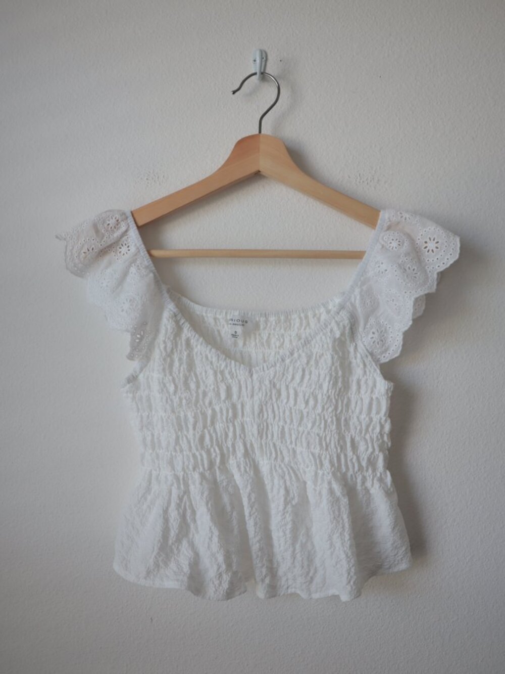 Kirious Eyelet Ruffle Sleeve Smocked Peplum Waist Top | S